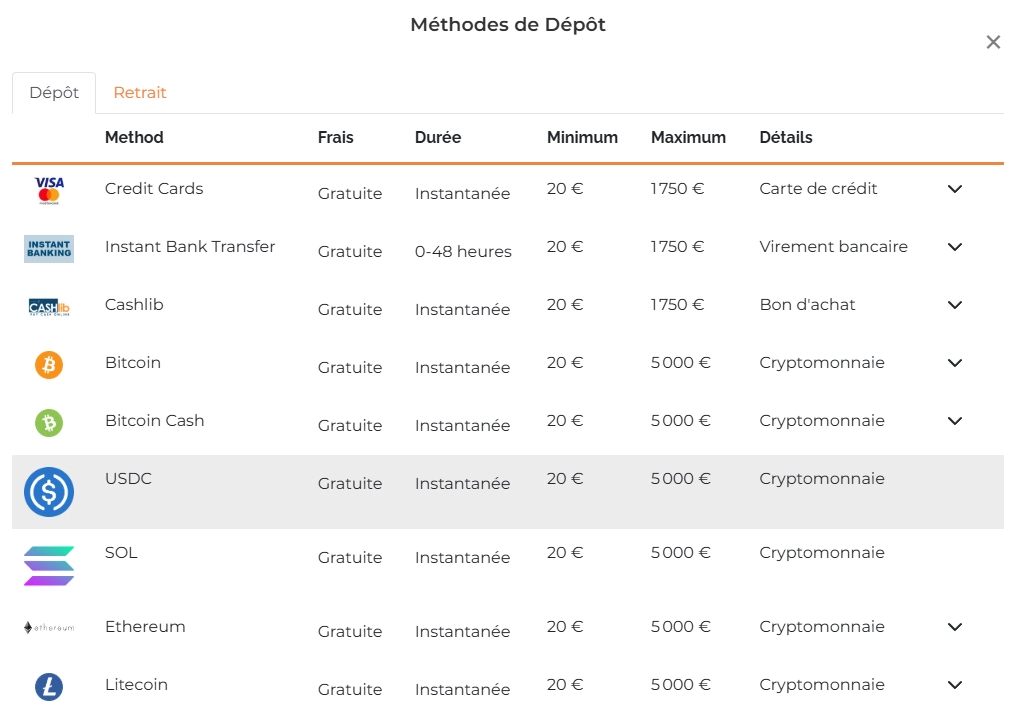 Interface des méthodes de dépôt et bonus sur Alexander Casino